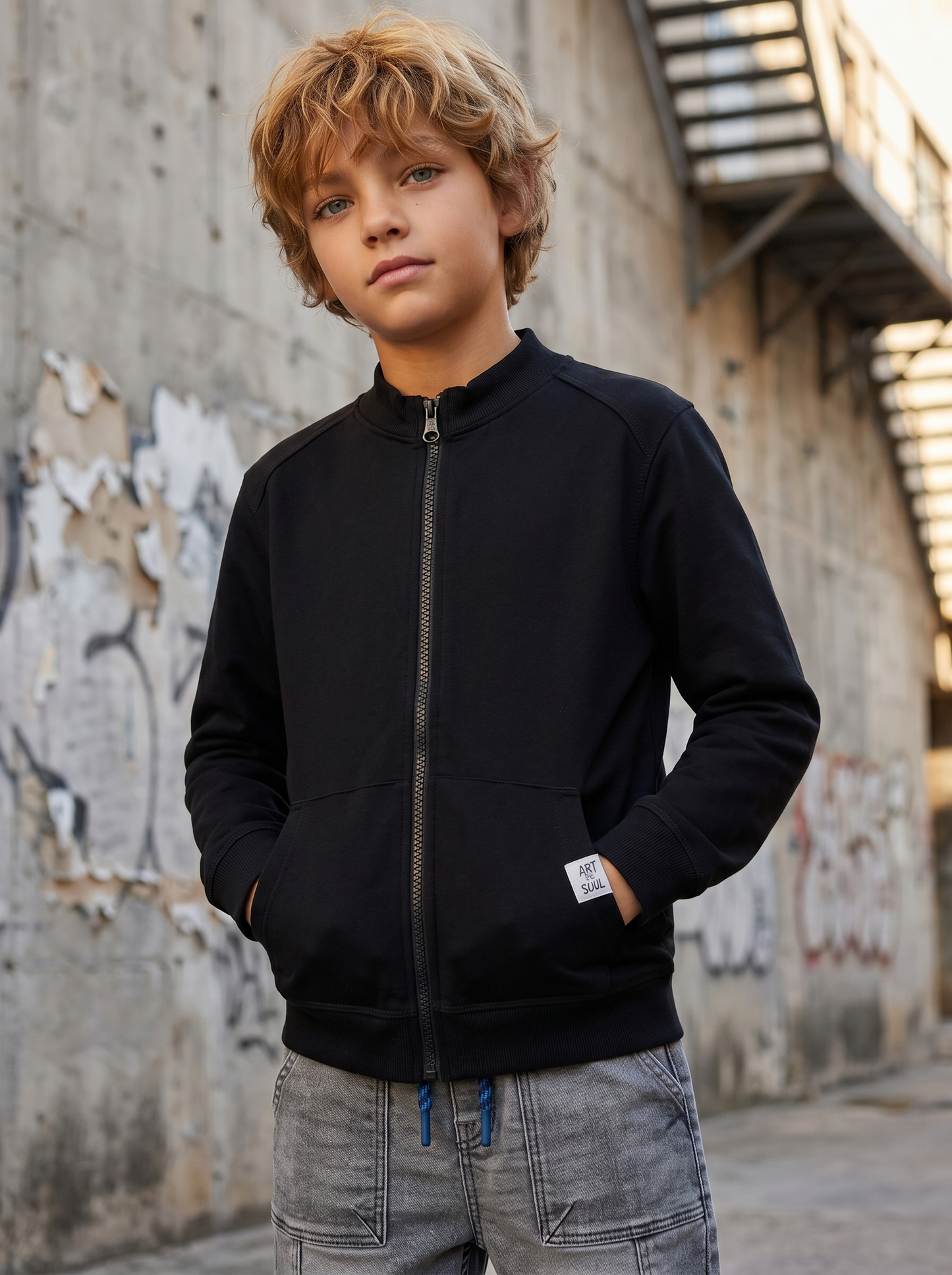 High-neck sweatshirt with zip and large pocket - Black