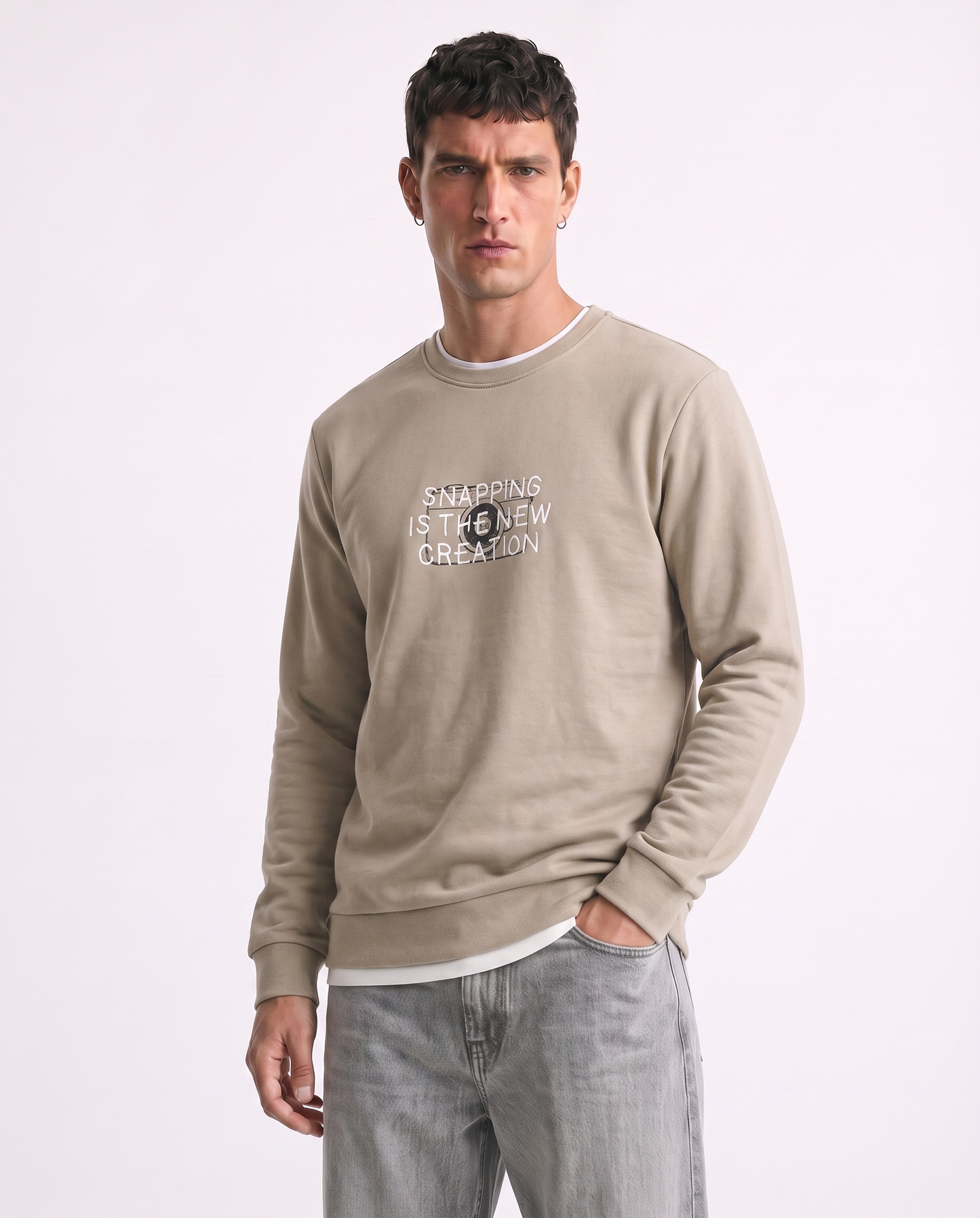 Felpa in misto cotone con stampa a contrasto - Beige