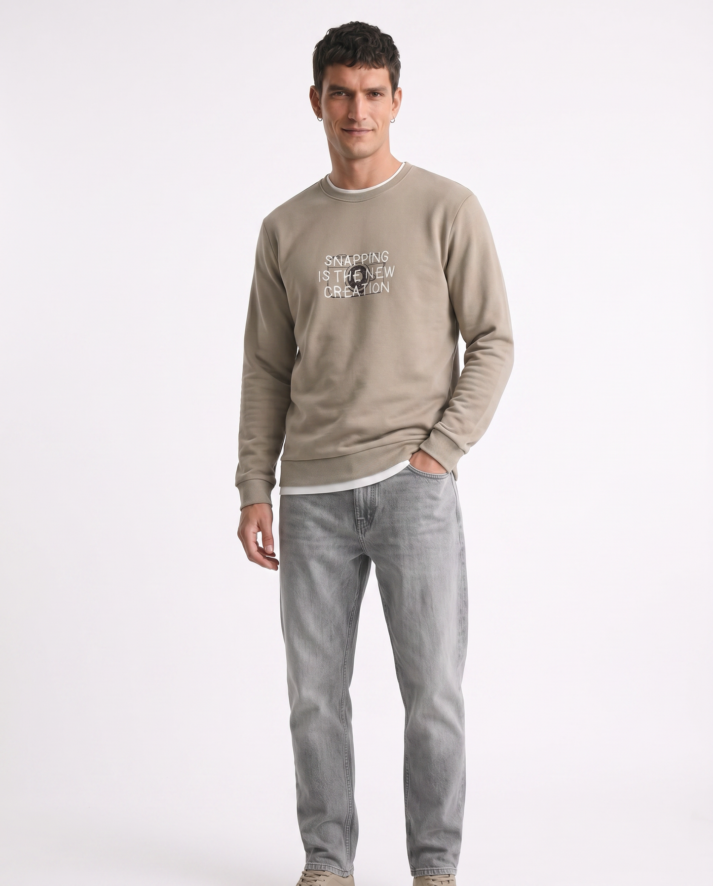 Felpa in misto cotone con stampa a contrasto - Beige