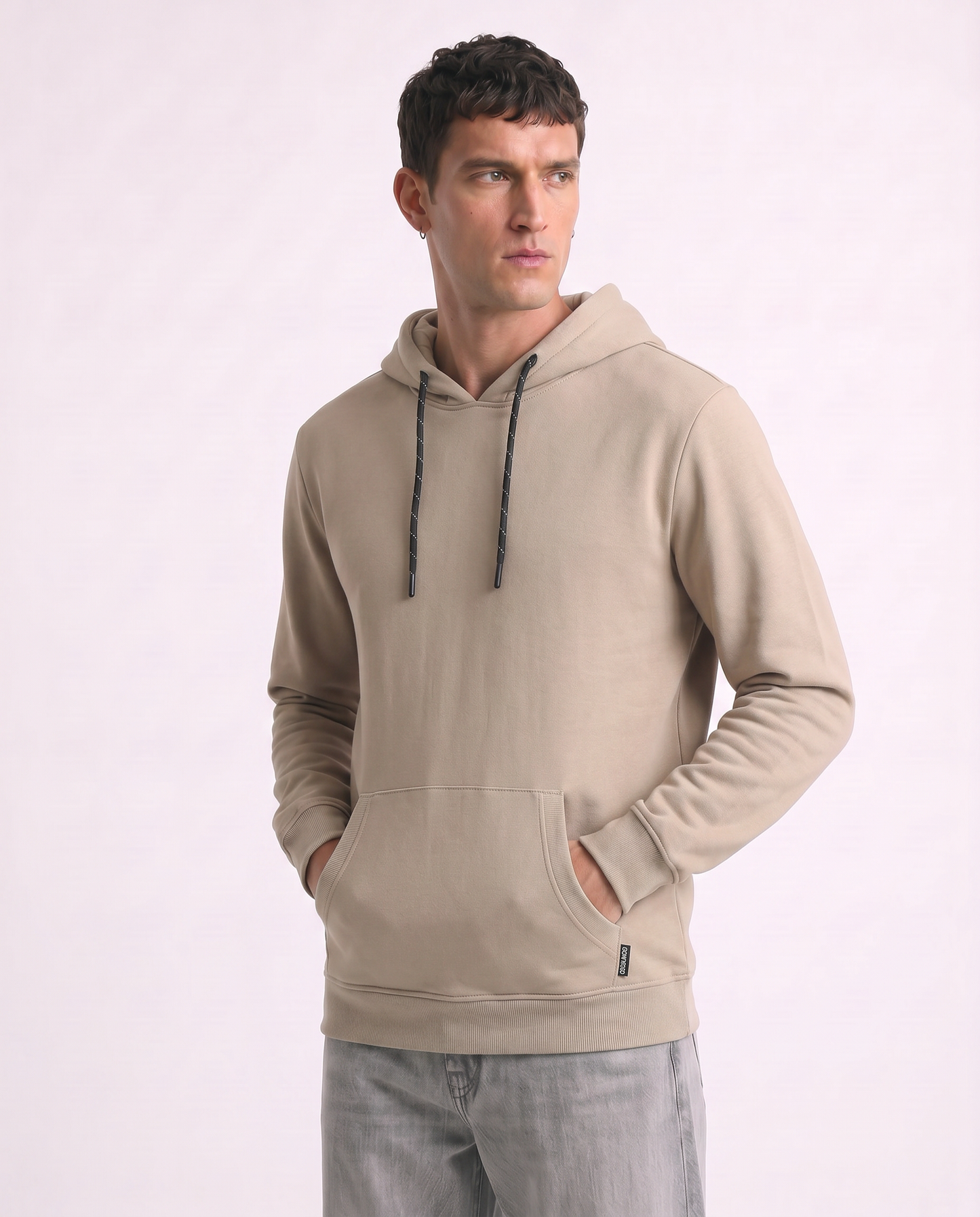 Felpa Basic con Cappuccio e Tasca Marsupio - Beige