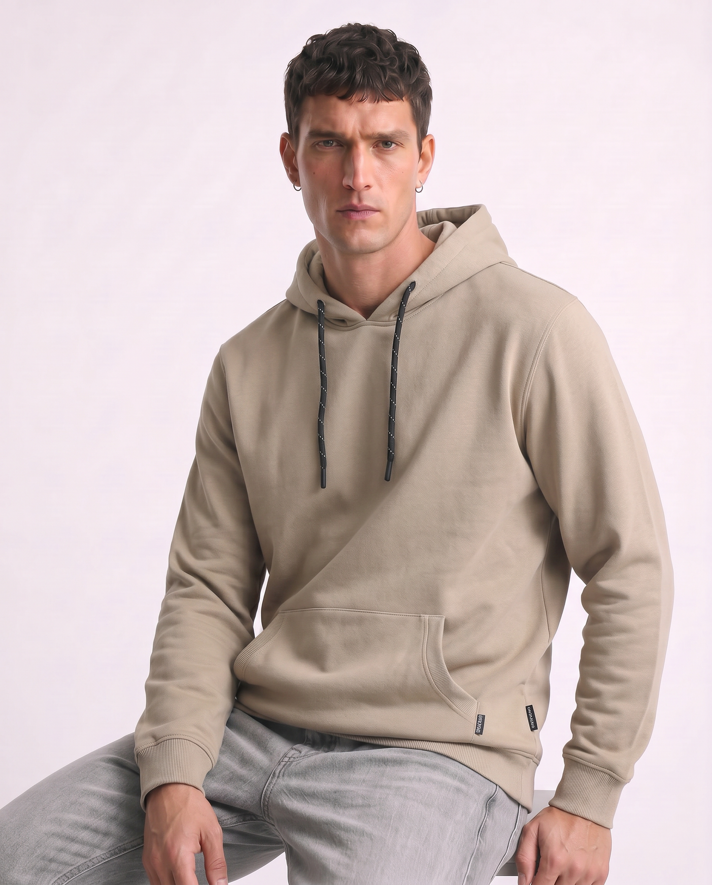 Felpa Basic con Cappuccio e Tasca Marsupio - Beige