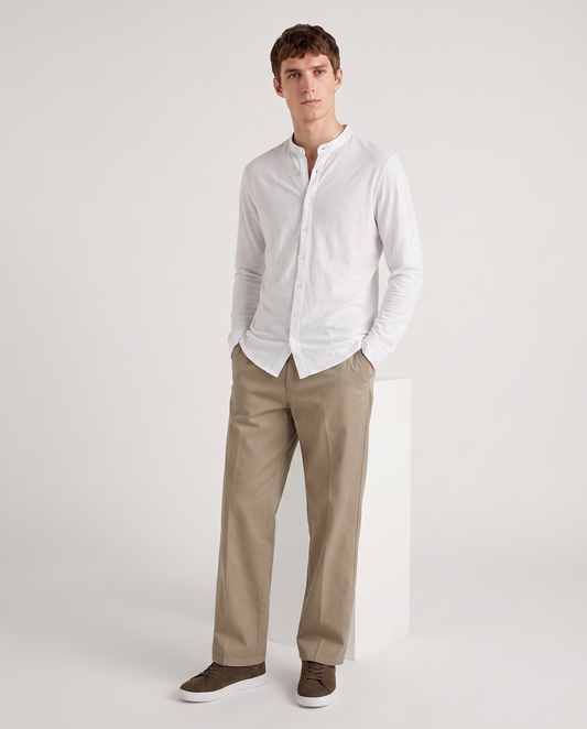 Camicia jersey slub con collo coreano - Bianco
