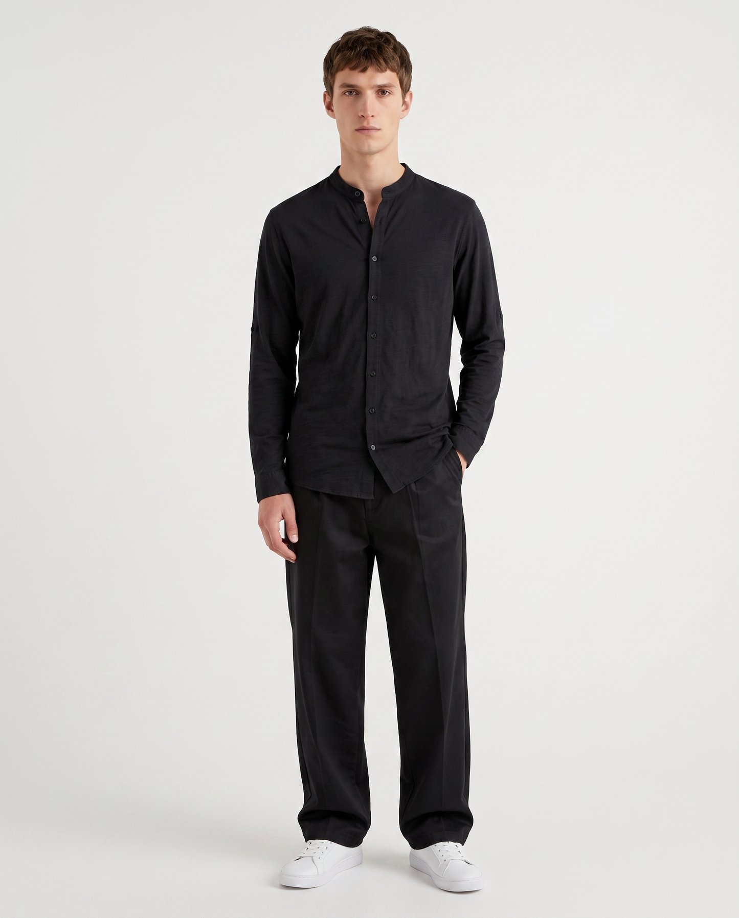 Camicia jersey slub con collo coreano - Nero