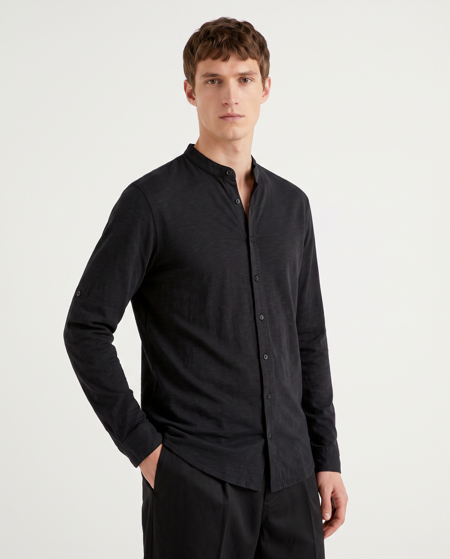 Camicia jersey slub con collo coreano - Nero