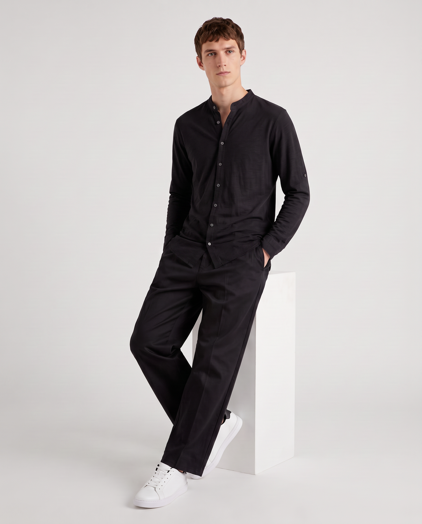 Camicia jersey slub con collo coreano - Nero