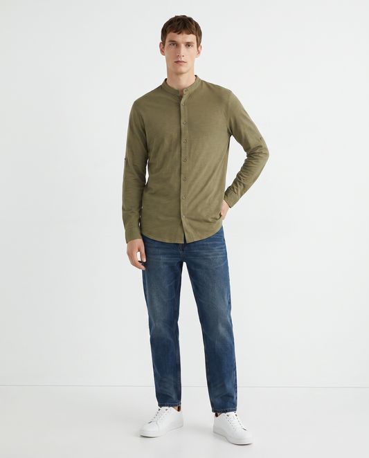Camicia jersey slub con collo coreano - Moro