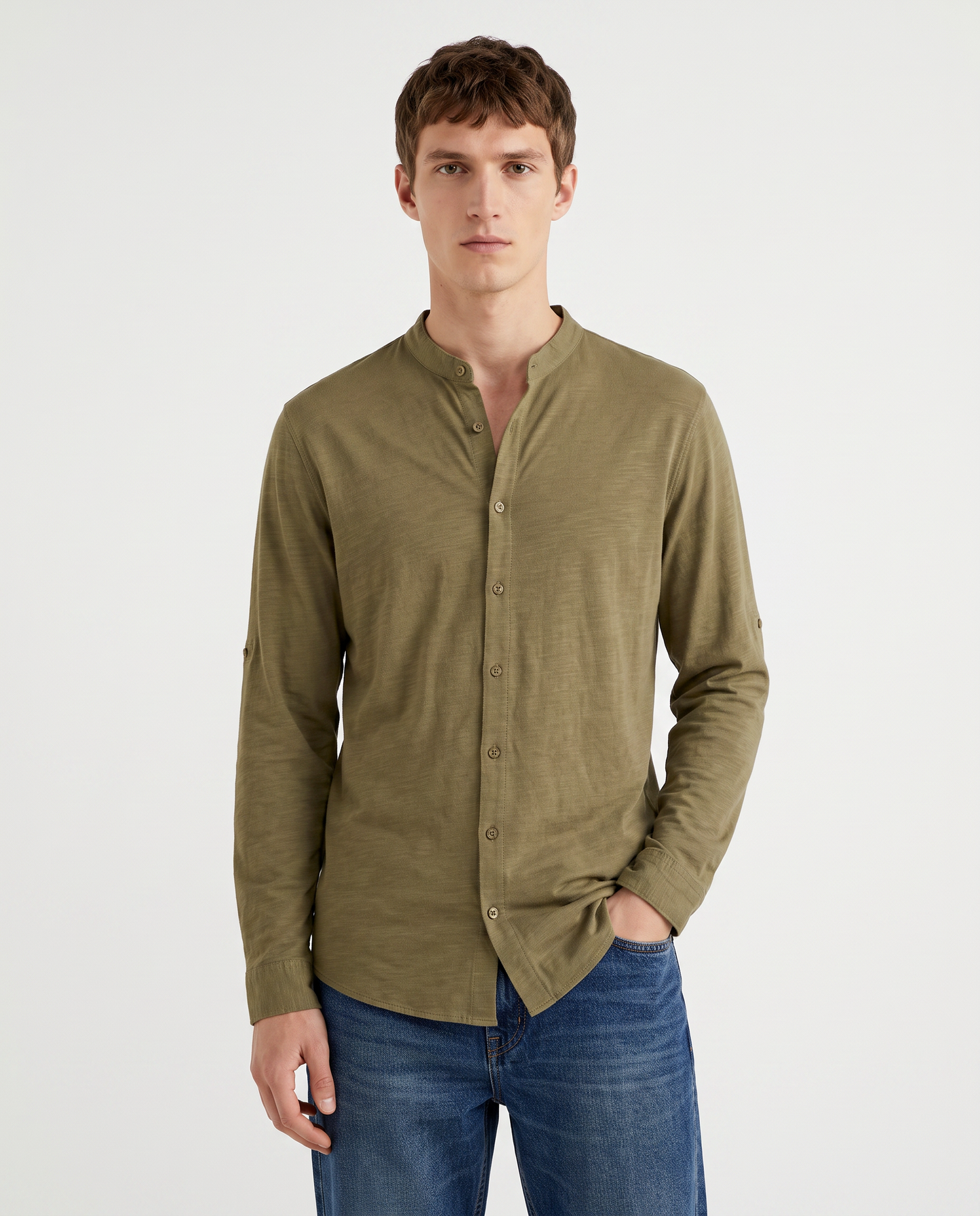 Camicia jersey slub con collo coreano - Moro