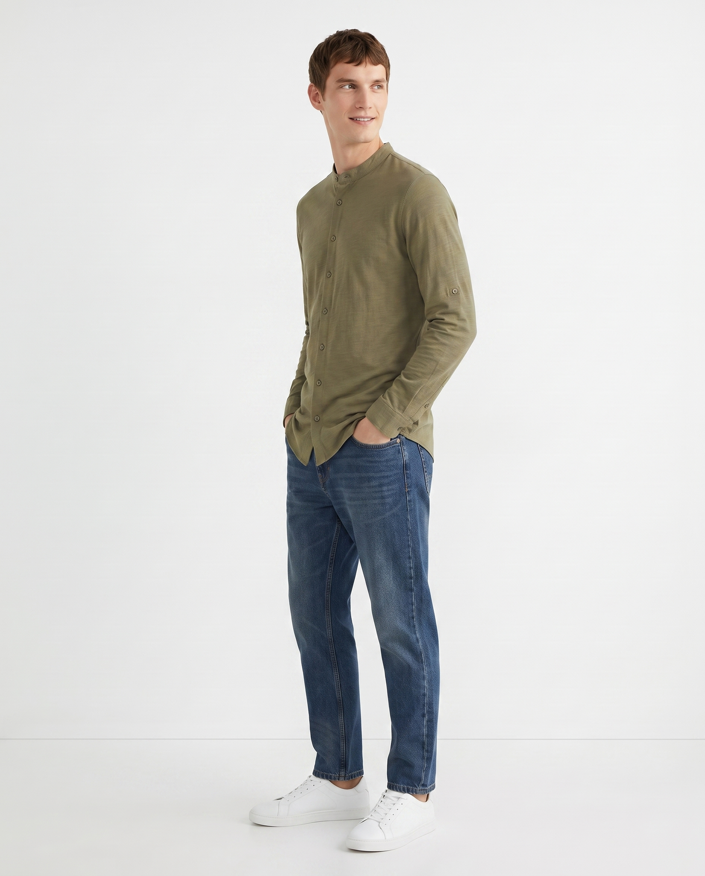 Camicia jersey slub con collo coreano - Moro