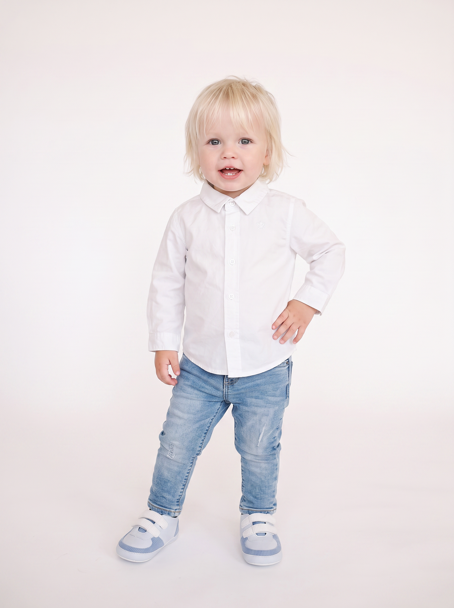 Camicia basica manica lunga con ricamo - Bianco latte