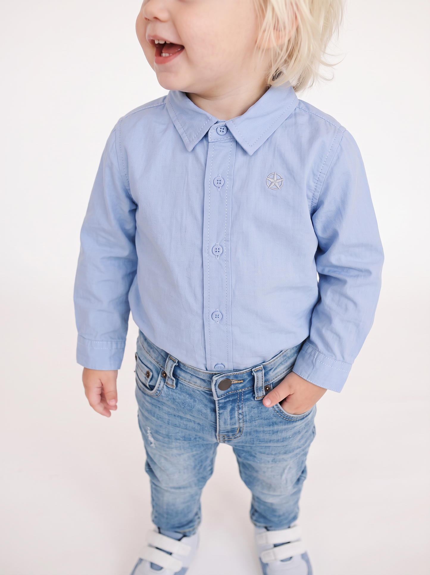 Camicia basica manica lunga con ricamo - Azzurro