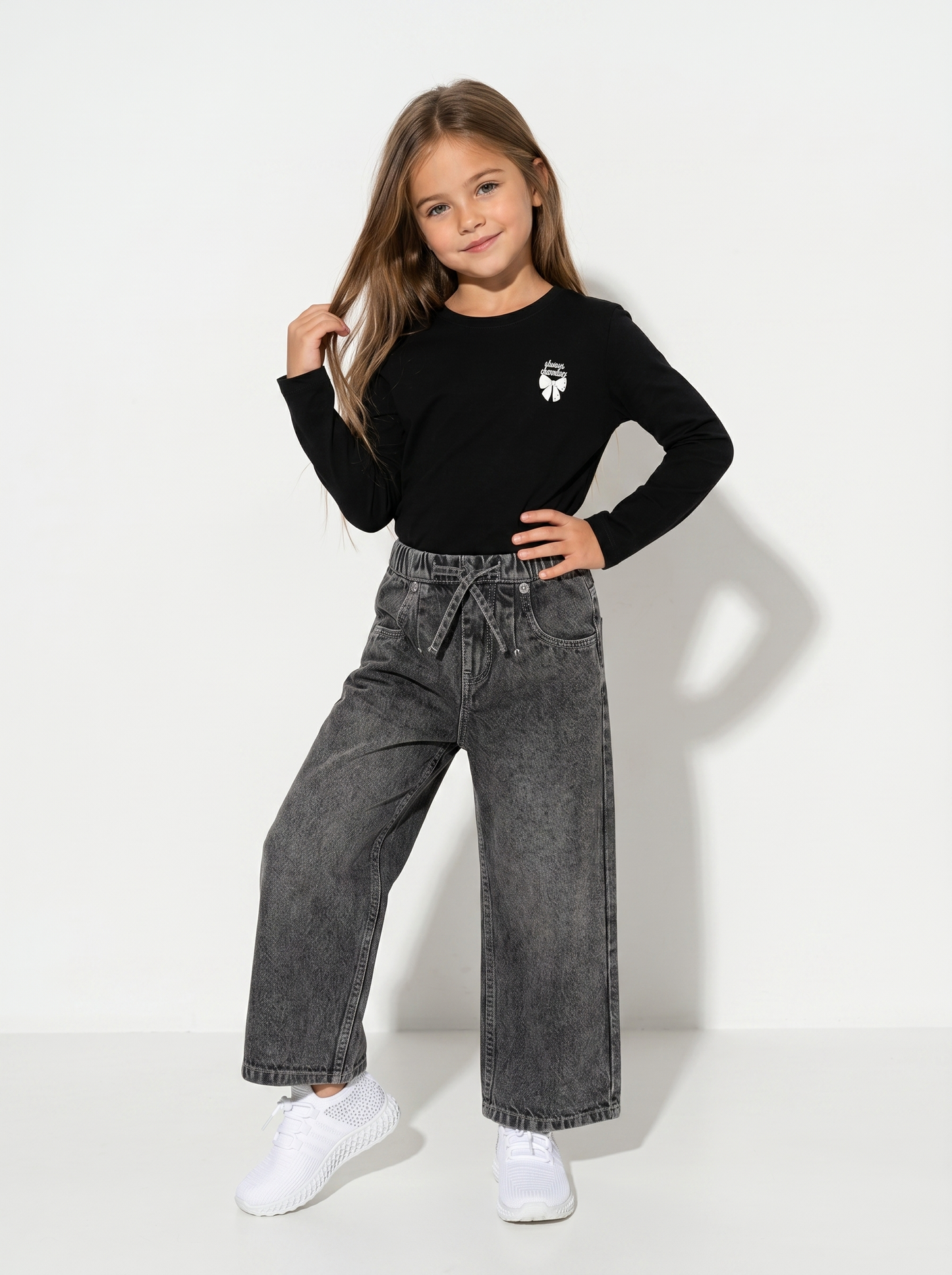 T-shirt maniche lunghe bambina in cotone - Nero