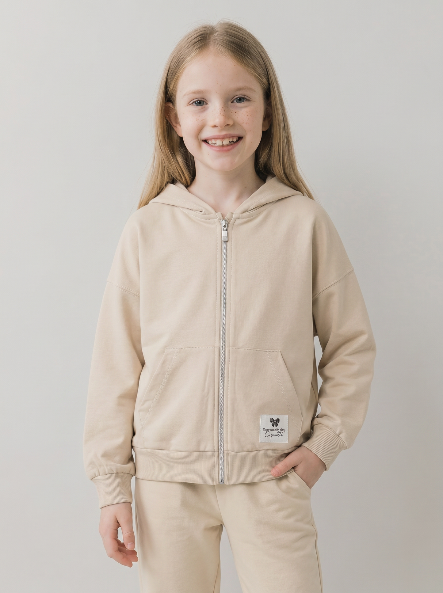 Felpa in french terry con zip e cappuccio - Beige