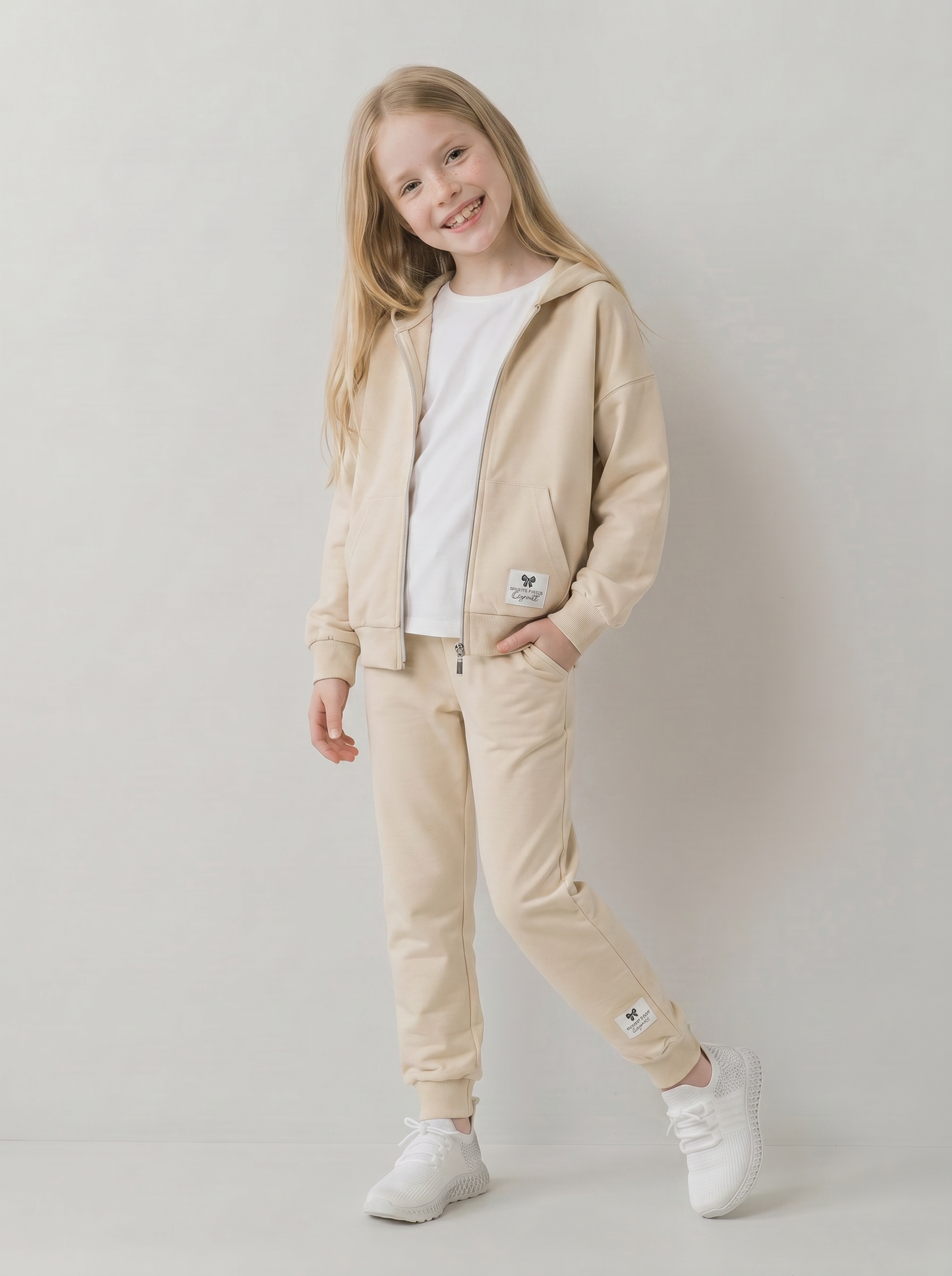 Felpa in french terry con zip e cappuccio - Beige