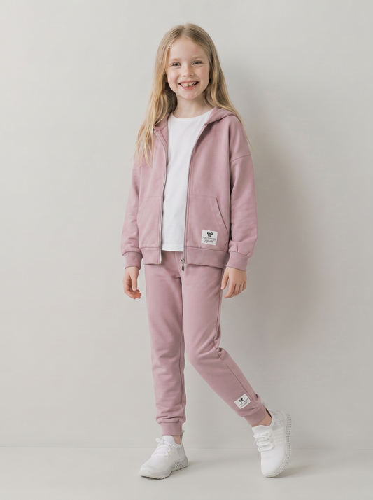 Felpa in french terry con zip e cappuccio - Rosa polvere