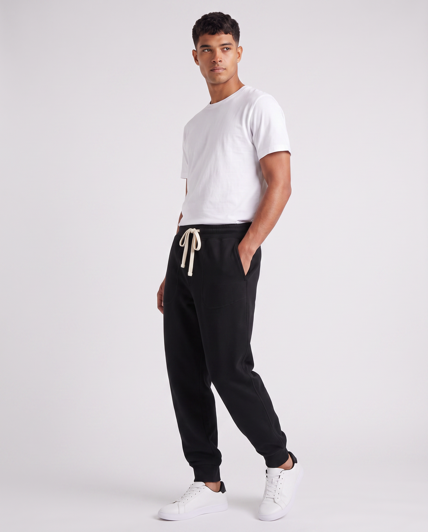 Pantaloni Baggy Fit in Felpa Misto Cotone - Nero