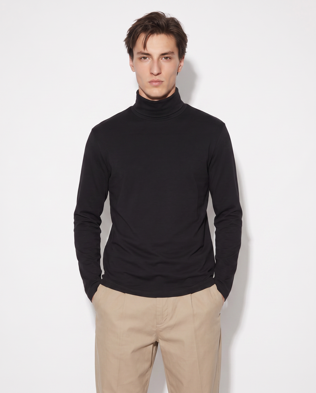 High Neck Slim Fit Long Sleeve T-Shirt - Black