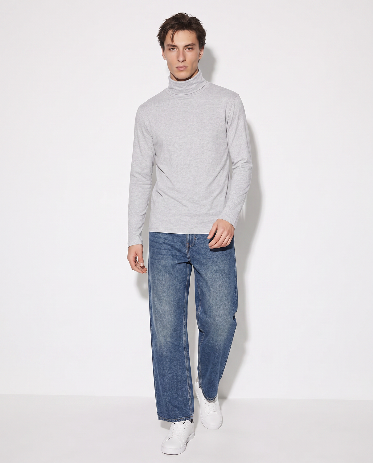 T-Shirt Collo Alto Slim Fit Maniche Lunghe - Grigio mel.