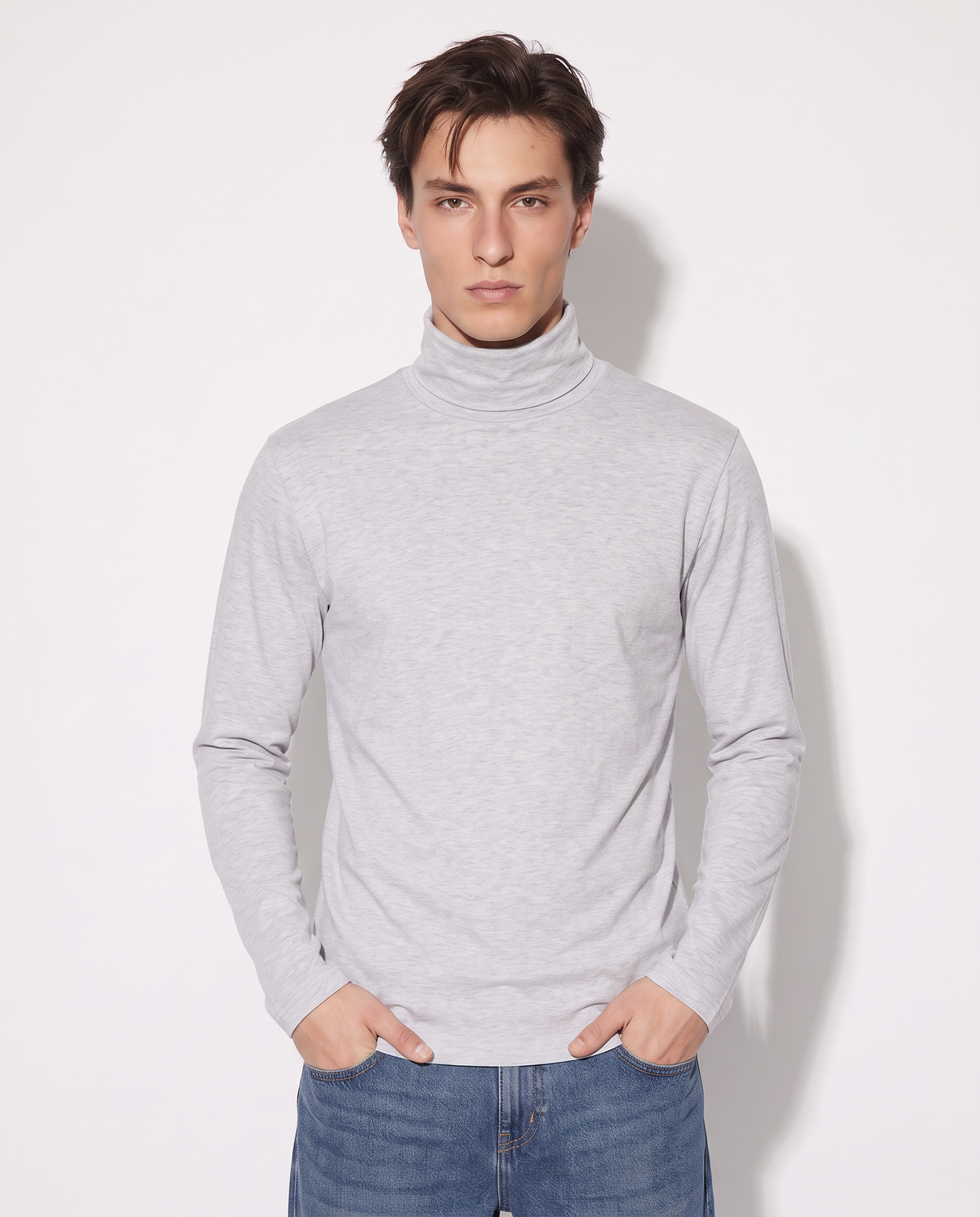 T-Shirt Collo Alto Slim Fit Maniche Lunghe - Grigio mel.