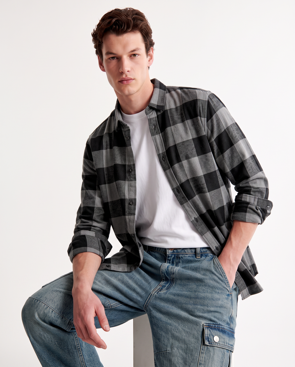 Camicia a quadri in flanella regular fit - Grigio mel.