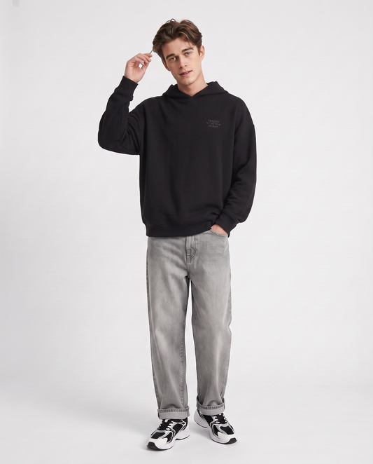 Felpa Jacquard con Cappuccio e Stampa - Nero