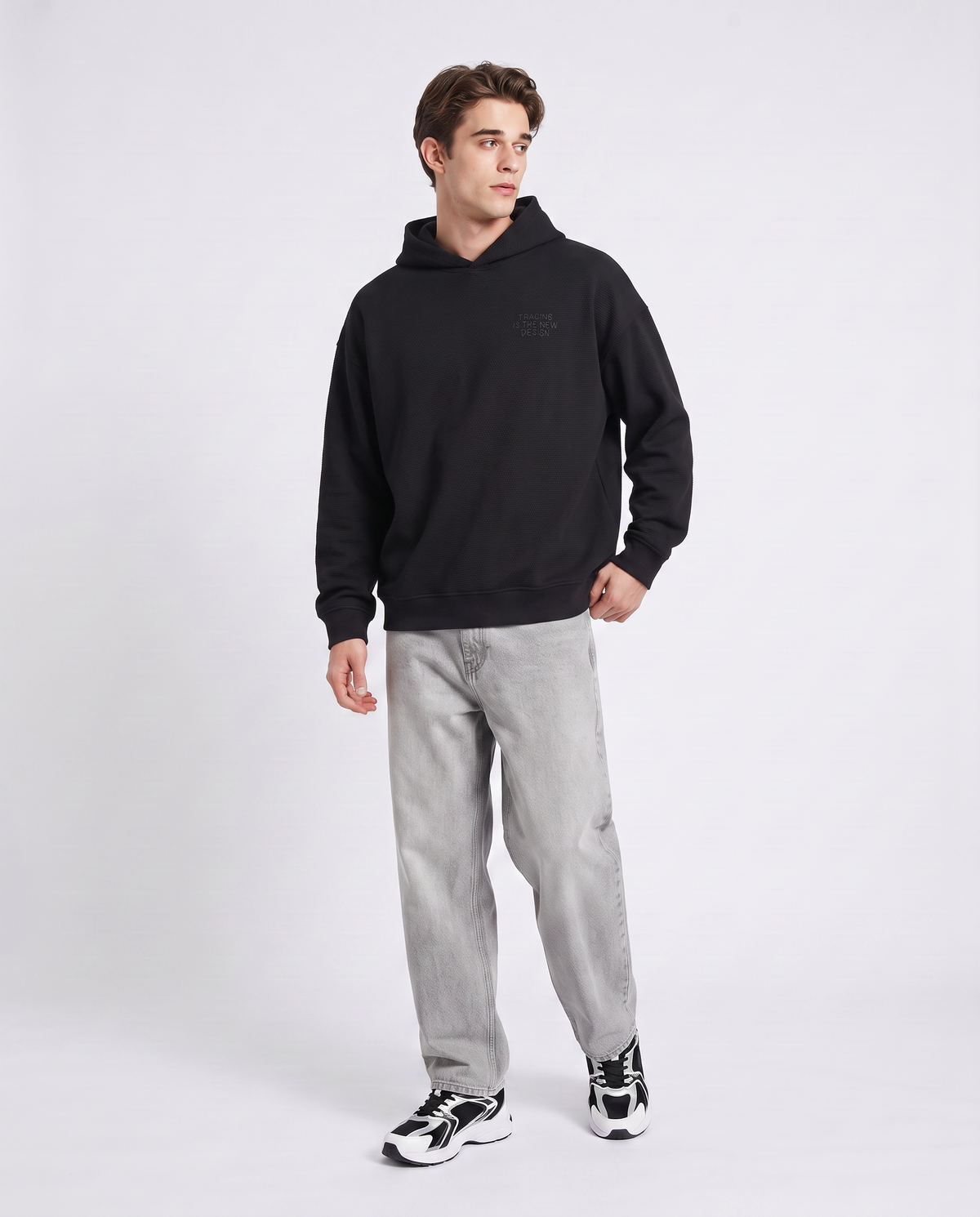 Felpa Jacquard con Cappuccio e Stampa - Nero