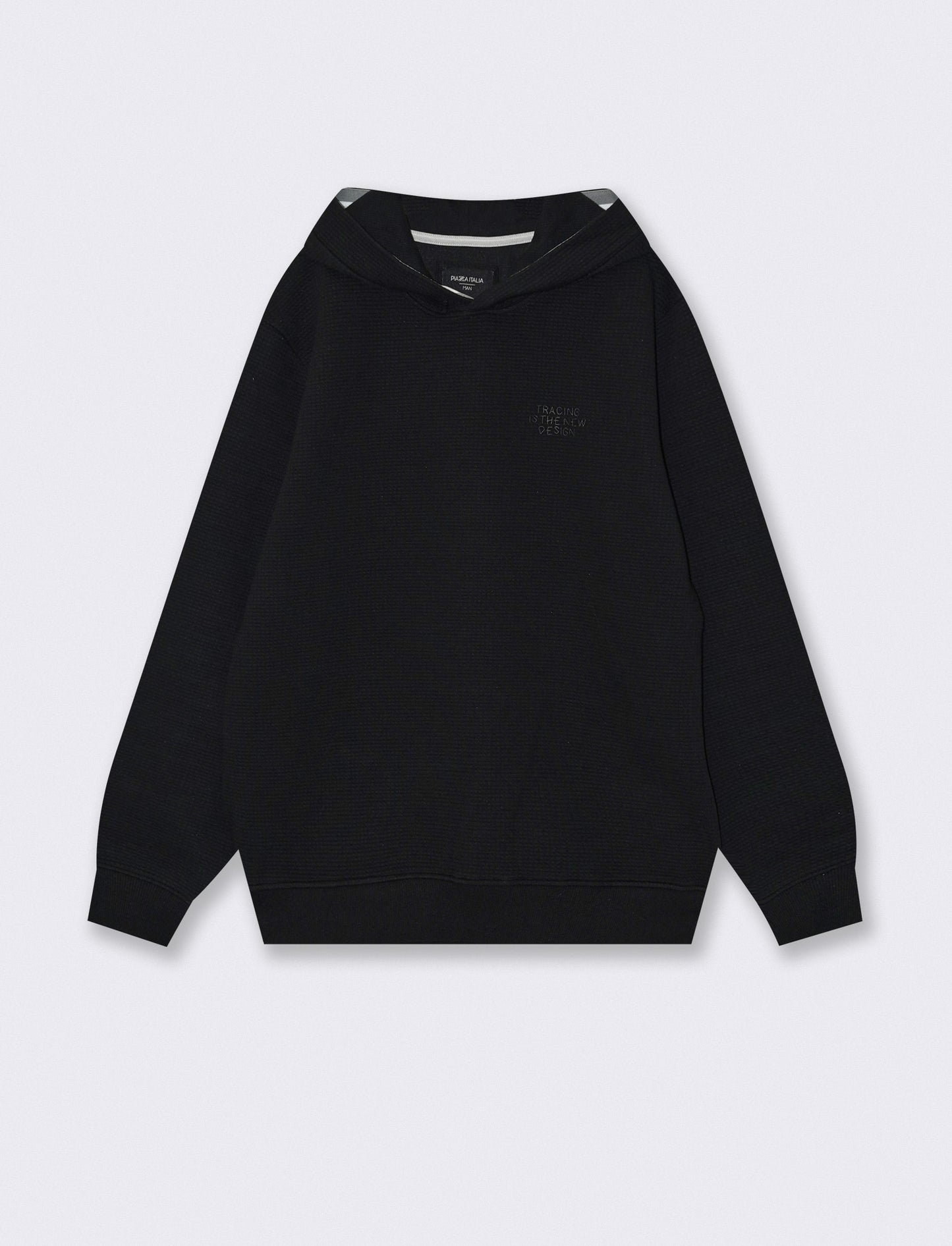 Felpa Jacquard con Cappuccio e Stampa - Nero