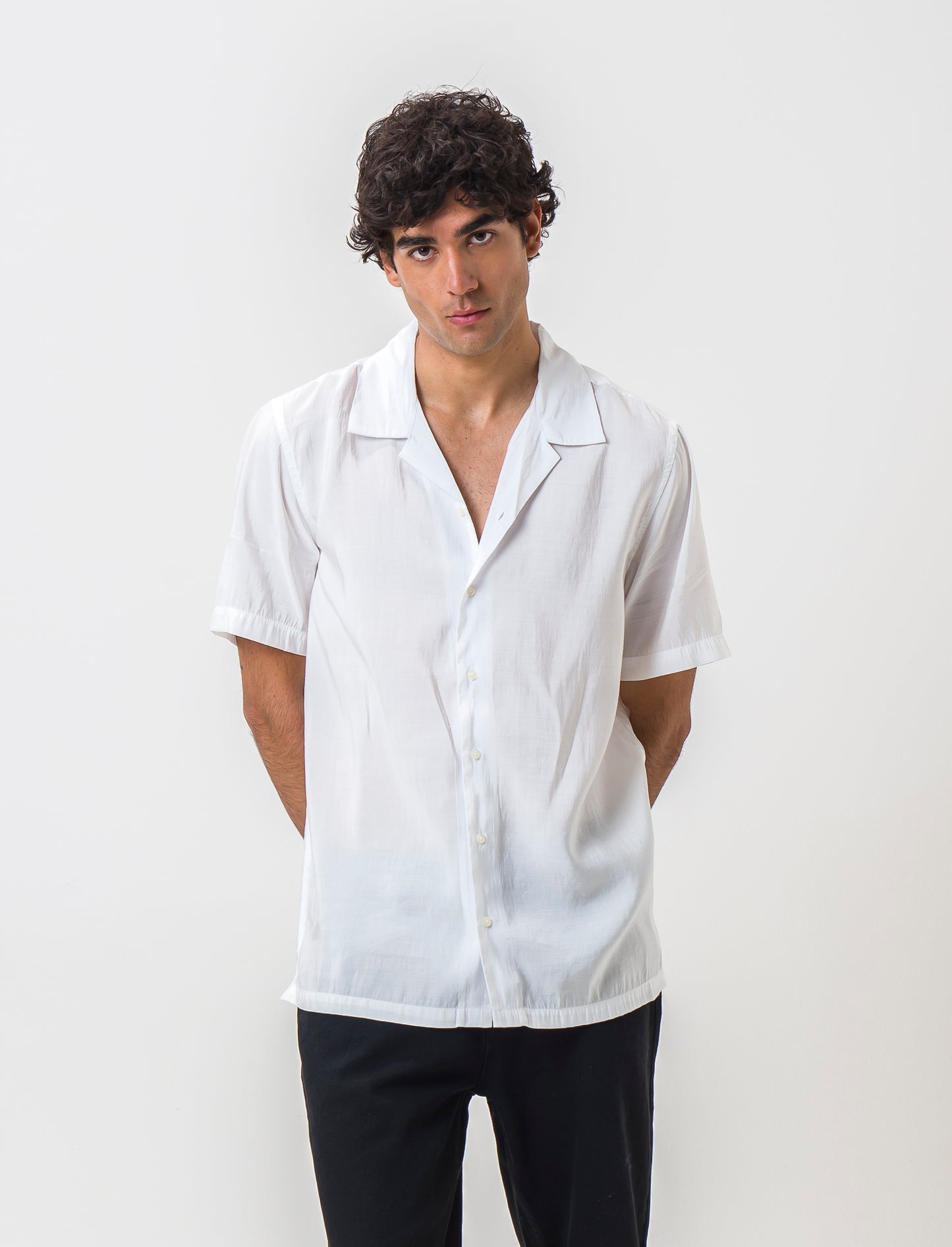 Soft Fit Modal Blend Bowling Collar Short Sleeve Shirt - White