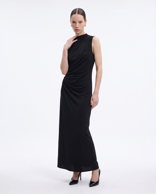 Long draped dress with slit - Black