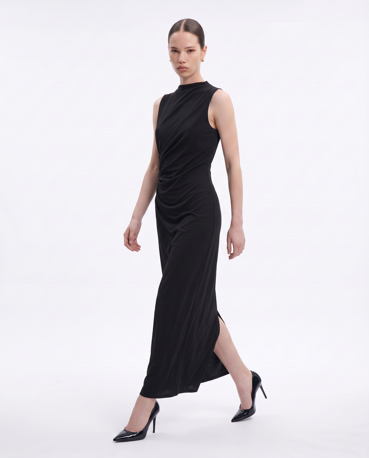 Vestito lungo drappeggiato con spacco - Nero