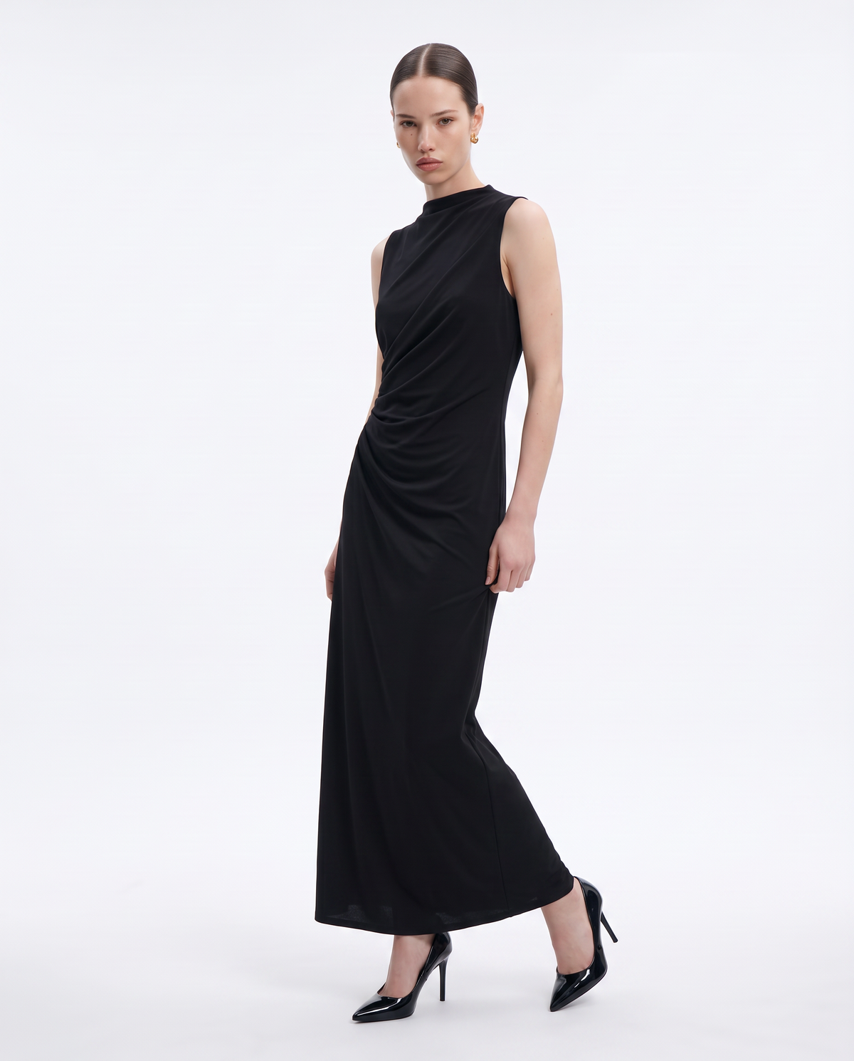 Vestito lungo drappeggiato con spacco - Nero