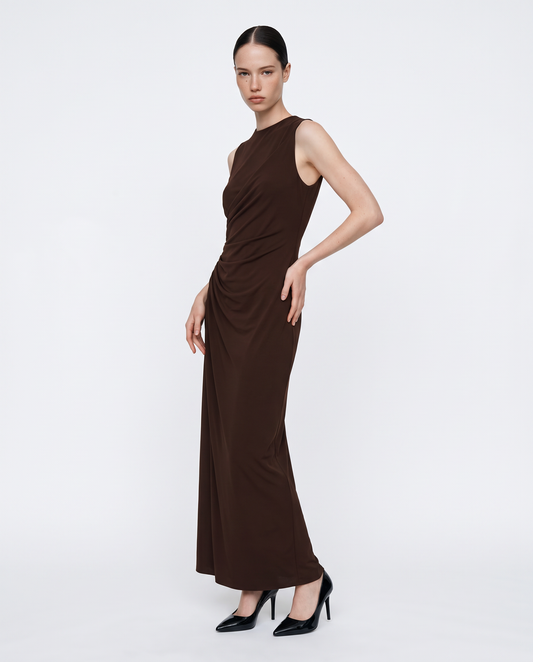 Long draped dress with slit - Brown