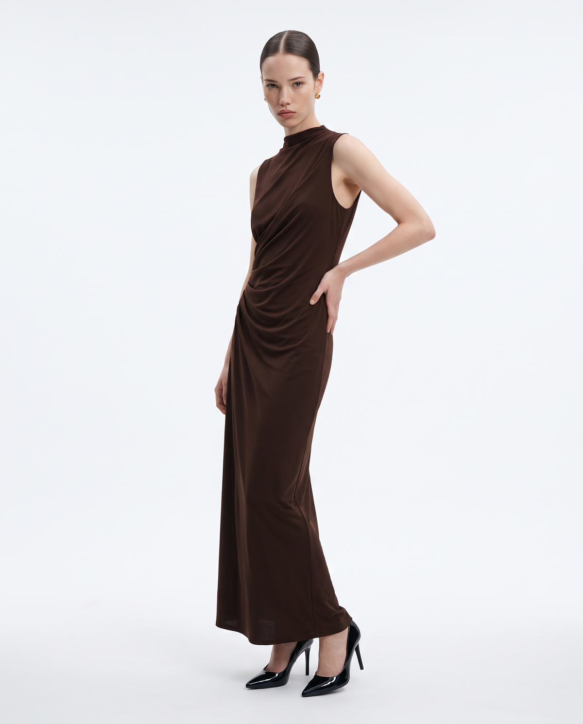 Vestito lungo drappeggiato con spacco - Moro