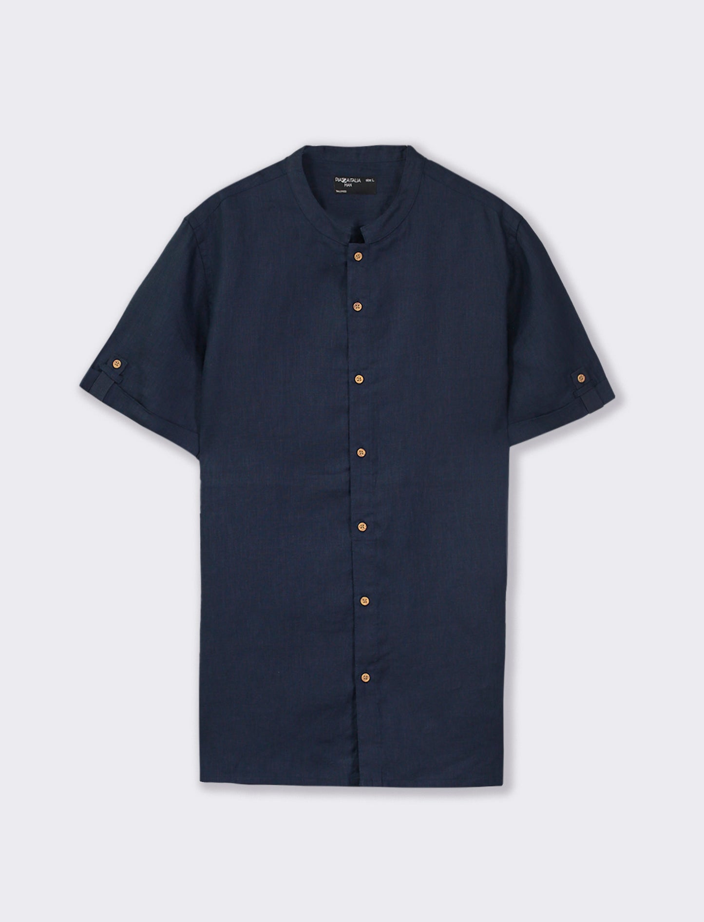 Lightweight Pure Linen Short Sleeve Regular Fit Shirt with Korean Collar - Blue