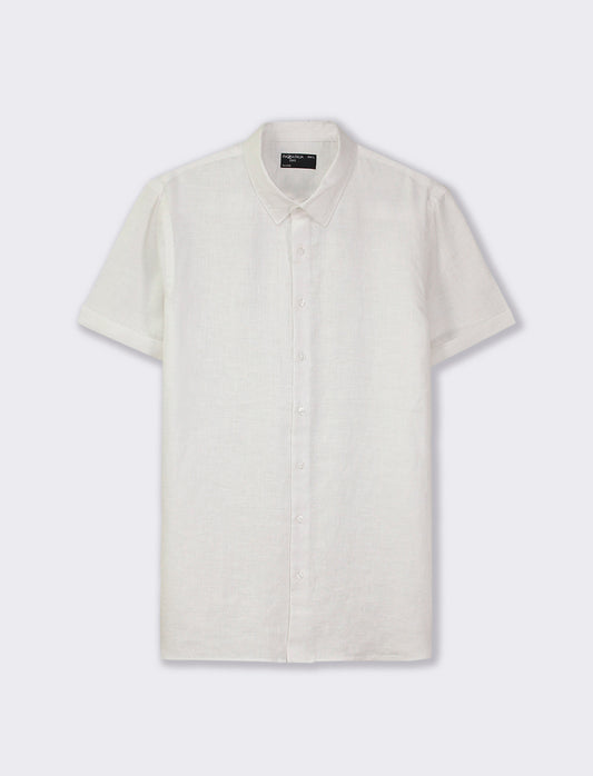 Lightweight Pure Linen French Collar Short Sleeve Regular Fit Shirt - White