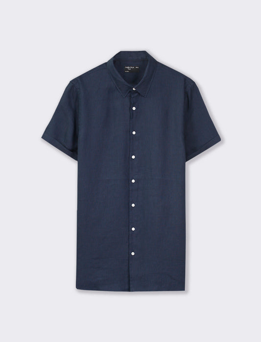 Lightweight Pure Linen French Collar Short Sleeve Regular Fit Shirt - Blue