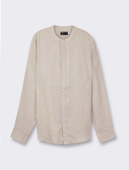 Lightweight Pure Linen Regular Fit Shirt with Korean Collar - Beige