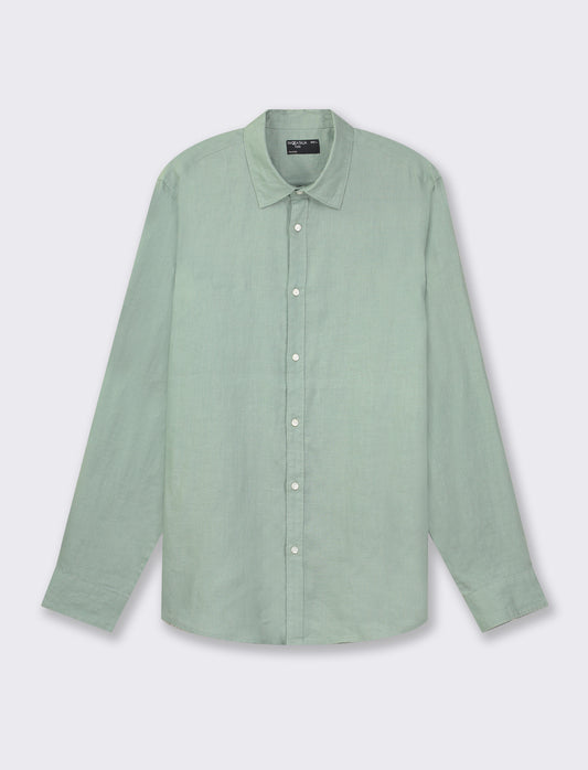 Lightweight Pure Linen Regular Fit French Collar Long Sleeve Shirt - Green