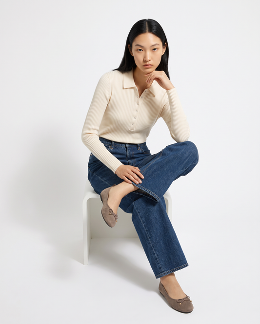 Long sleeve polo t-shirt with collar - Beige