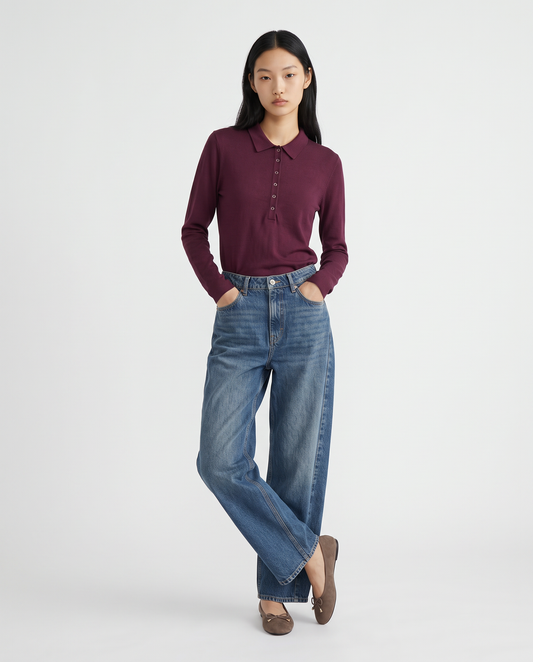 Long sleeve polo t-shirt with collar - Red