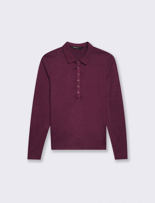 T-shirt polo manica lunga con colletto - Bordeaux