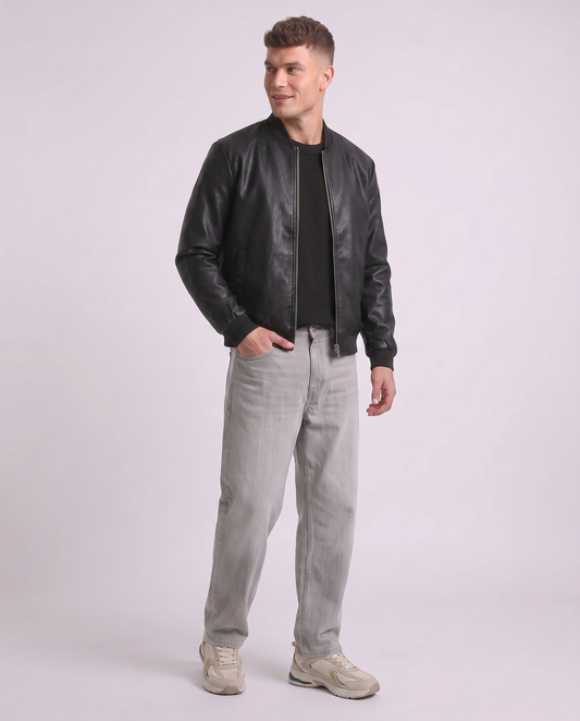 Giubbotto bomber effetto pelle con collo - Nero