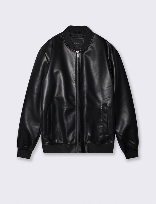 Giubbotto bomber effetto pelle con collo - Nero