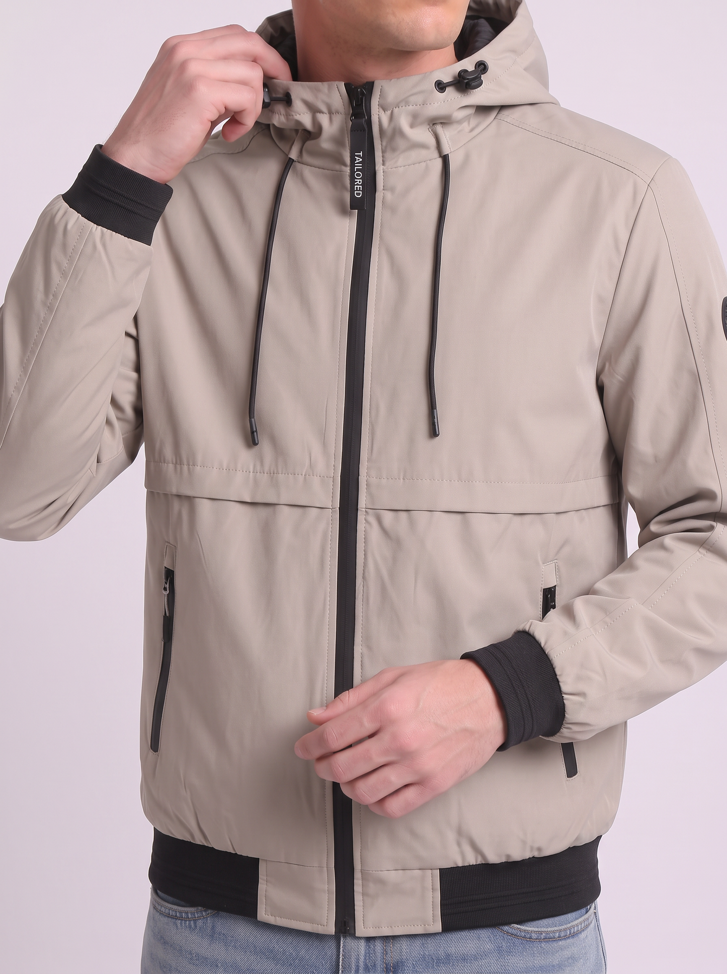 Windproof jacket with adjustable hood - Beige