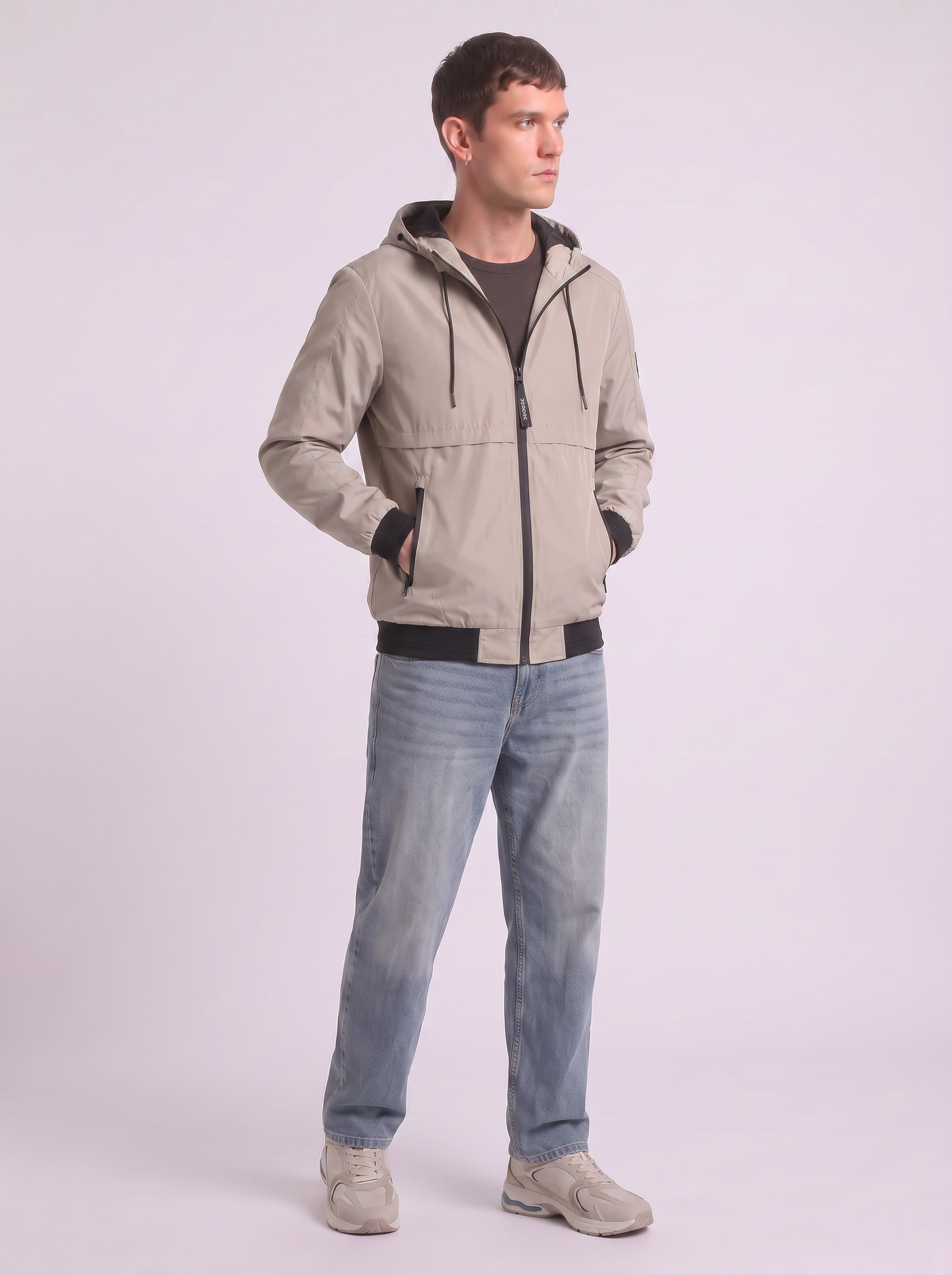 Windproof jacket with adjustable hood - Beige
