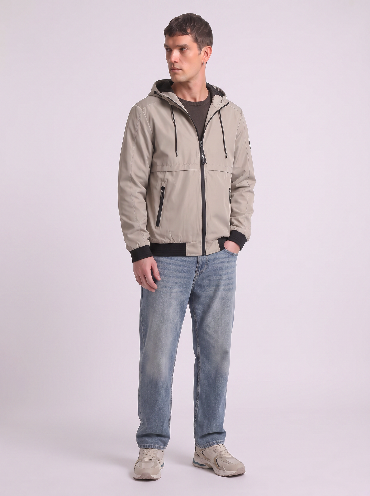 Windproof jacket with adjustable hood - Beige
