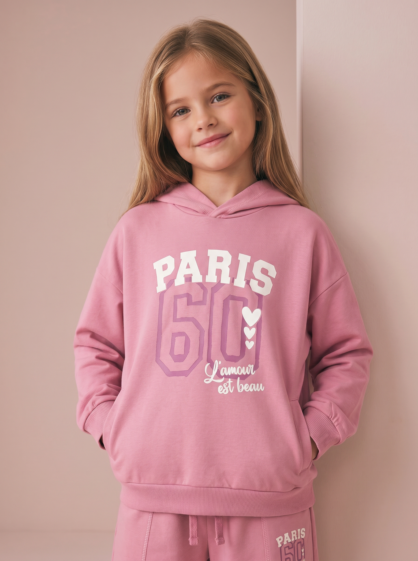 Felpa in cotone con cappuccio e stampa - Rosa candy