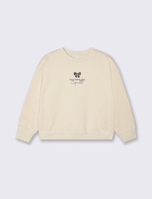 Felpa girocollo manica lunga con stampa - Beige