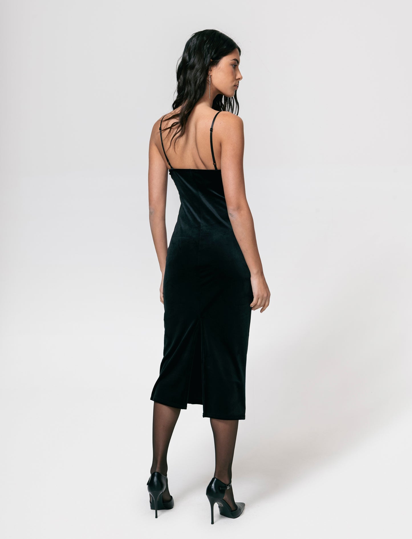 Vestito lungo con bretelline in ciniglia - Nero