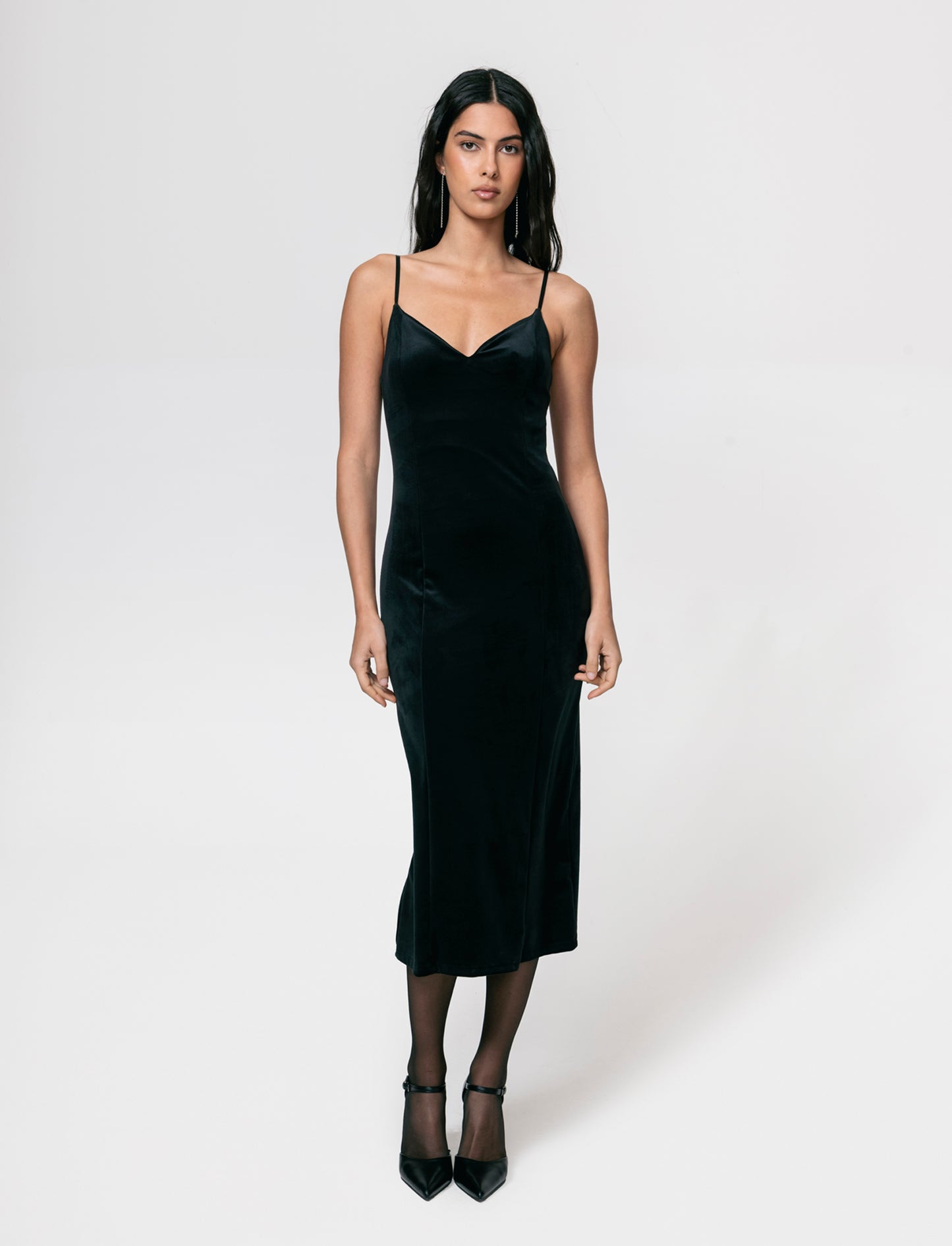 Vestito lungo con bretelline in ciniglia - Nero