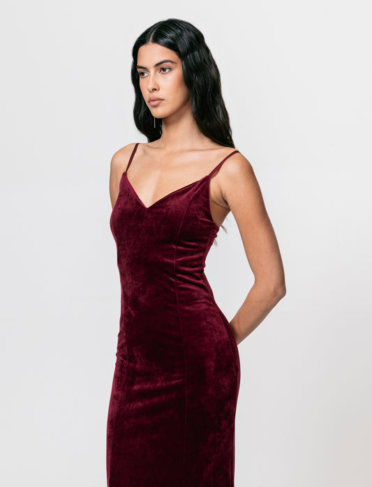 Vestito lungo con bretelline in ciniglia - Bordeaux